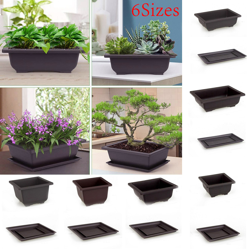 1PC Imitation Purple Sand Plastic Flower Pots Rectangle Vase Succulent Plant Pot Nursery Balcony Bonsai Flowerpot With Tray