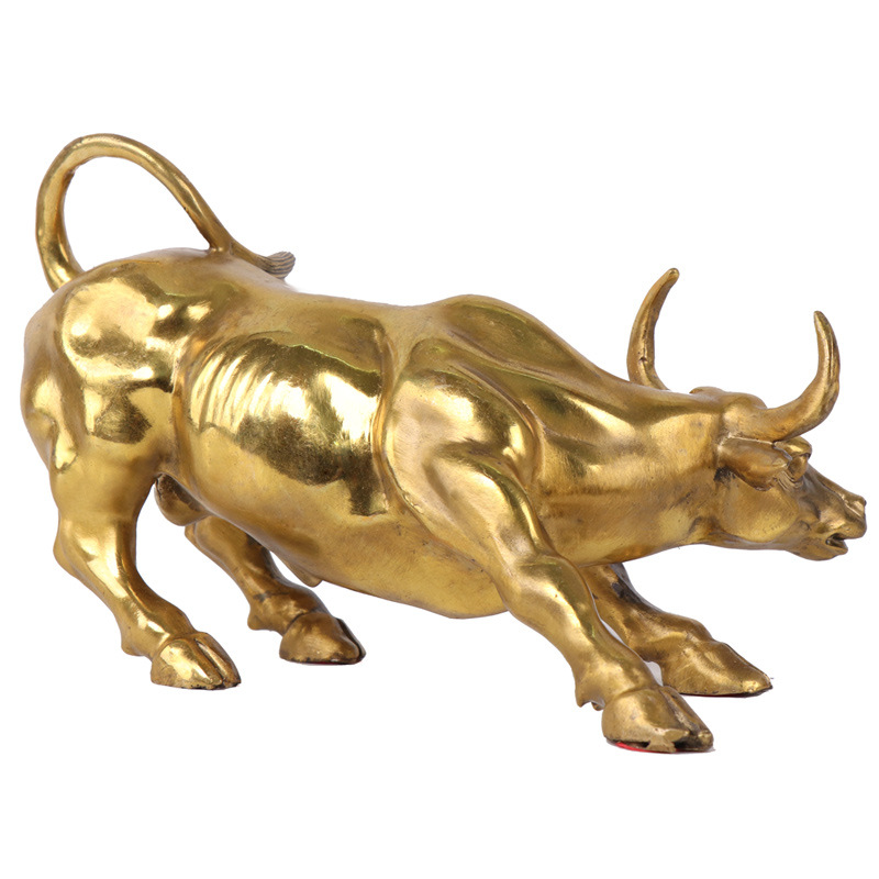 Gold Brass Charging Stock Market Bull Ornament Animal Figurine Wall Street Bull OX Statue Feng Shui Sculpture Home Office Decor