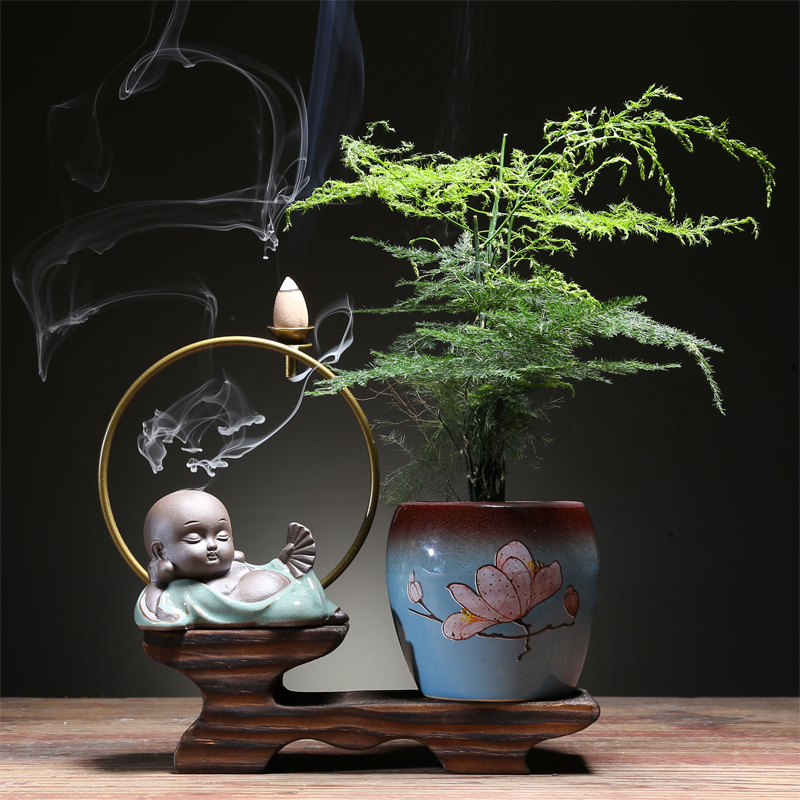 Creative little monk tea pet ornaments Zen backflow incense burner tea table green plant bonsai Kung Fu tea set accessories