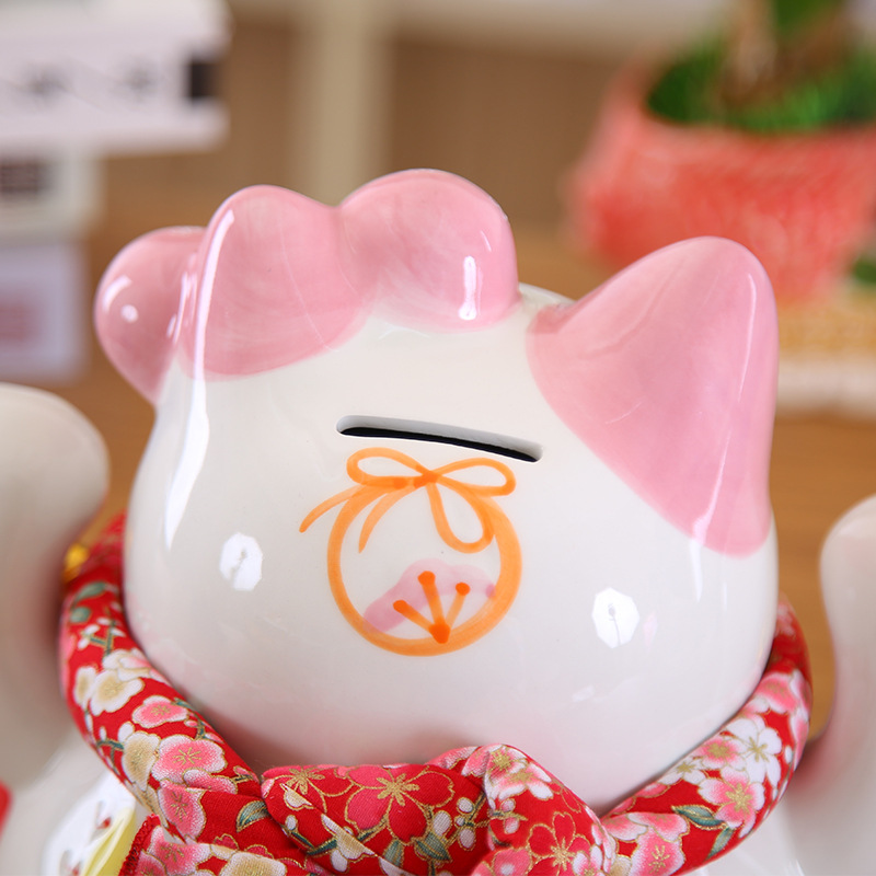 Ceramic Lucky Cat Lucky Cat Statue Porcelain Pink Lucky Cat Cash Box Auspicious Feng Shui Decoration Home Decoration