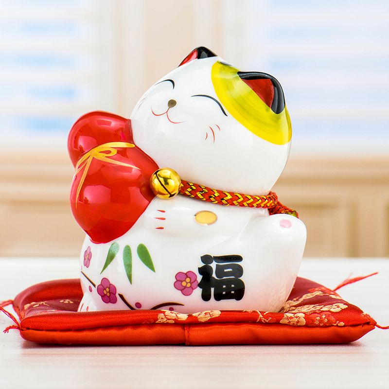 4 inch Ceramic Maneki Neko Figurine Lucky Cat Money Box Fortune Cat Ornament Piggy Bank Feng Shui Business Gift