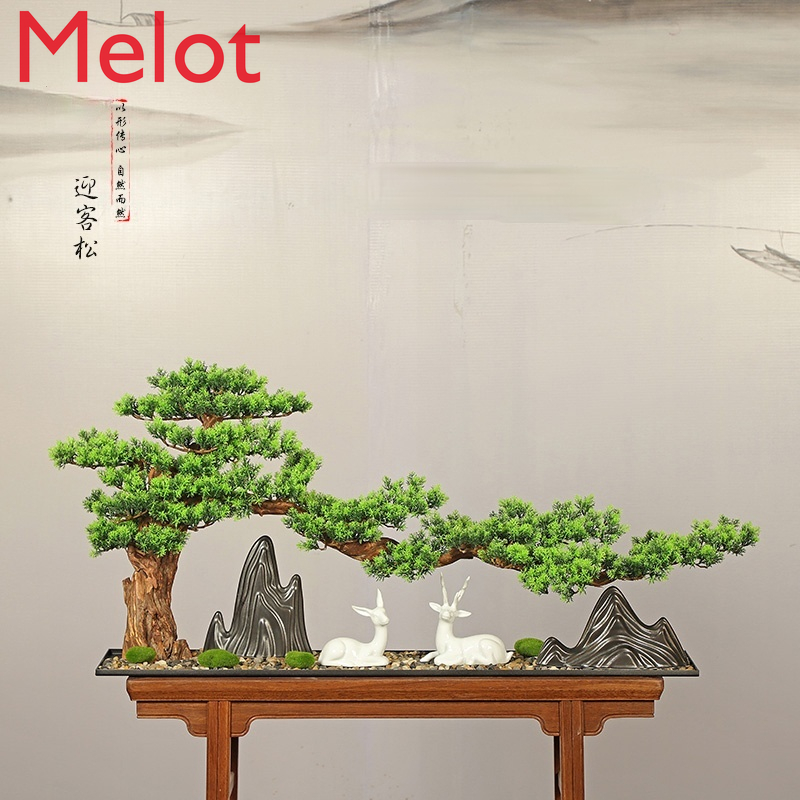 Chinese Style Artificial Greeting Pine Bonsai Solid Wood Large Rockery Sand Table Hotel Living Room Ornaments
