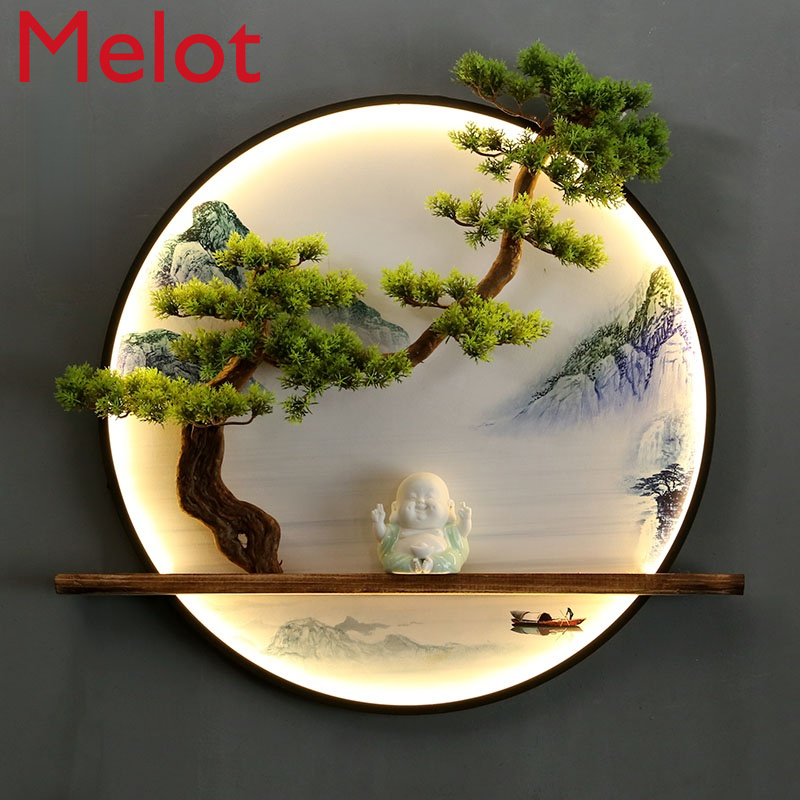 Chinese Style Living Room Sofa Background Wall round Wall Decoration with Light Artificial Greeting Pine