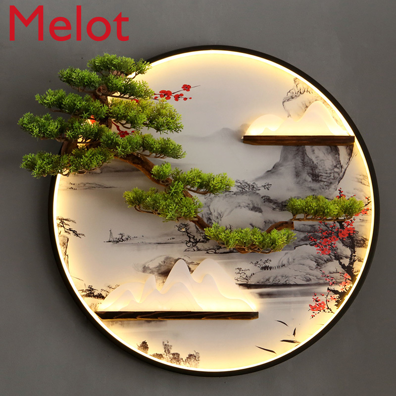 Chinese Style Living Room Sofa Background Wall round Wall Decoration with Light Artificial Greeting Pine