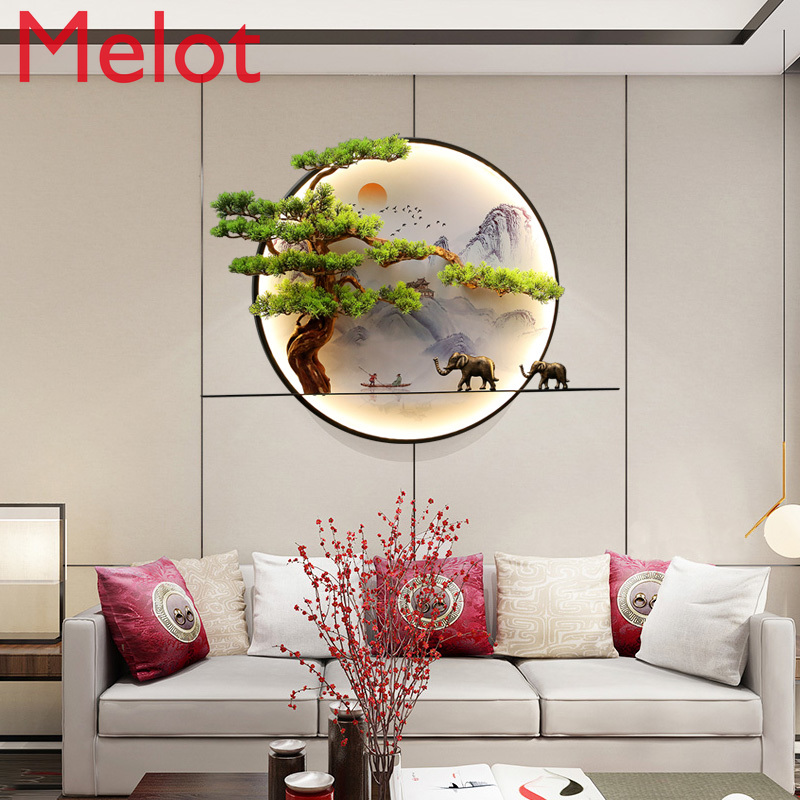 Chinese Wall Decorations Hotel Tea Room Living Room Background Wall Wrought Iron round Welcome Pine