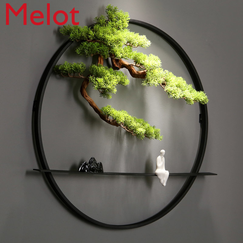 New Chinese Style Artificial Greeting Pine Pendant Living Room and Tea Room Background Wall Decoration Iron round Wall Hanging
