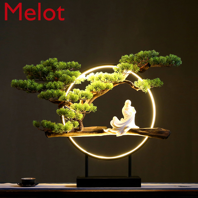 Chinese Style Welcome Pine Decoration with Light Living Room TV Cabinet Zen Decoration Wooden Art Root Carving