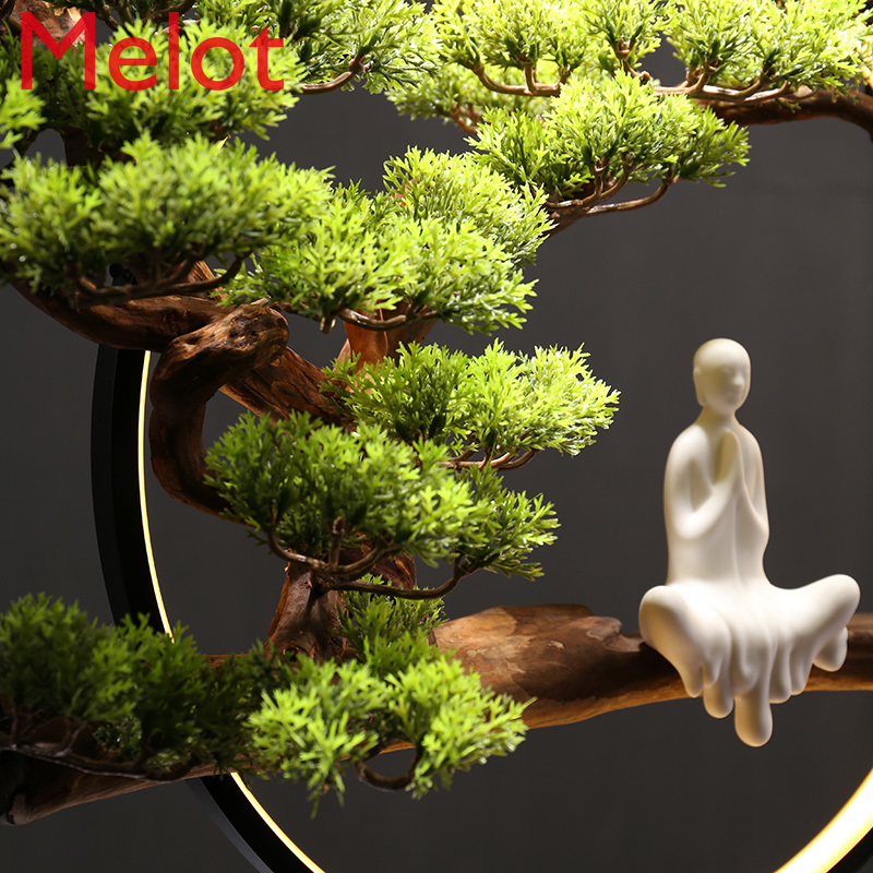 Chinese Style Welcome Pine Decoration with Light Living Room TV Cabinet Zen Decoration Wooden Art Root Carving