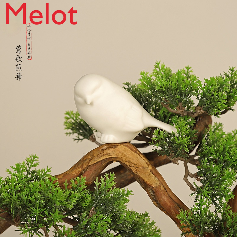 Artificial Greeting Pine Decoration Zen Ceramic Bird Iron Green Plant Tea House Office Bonsai Fortune Blessing Handmade