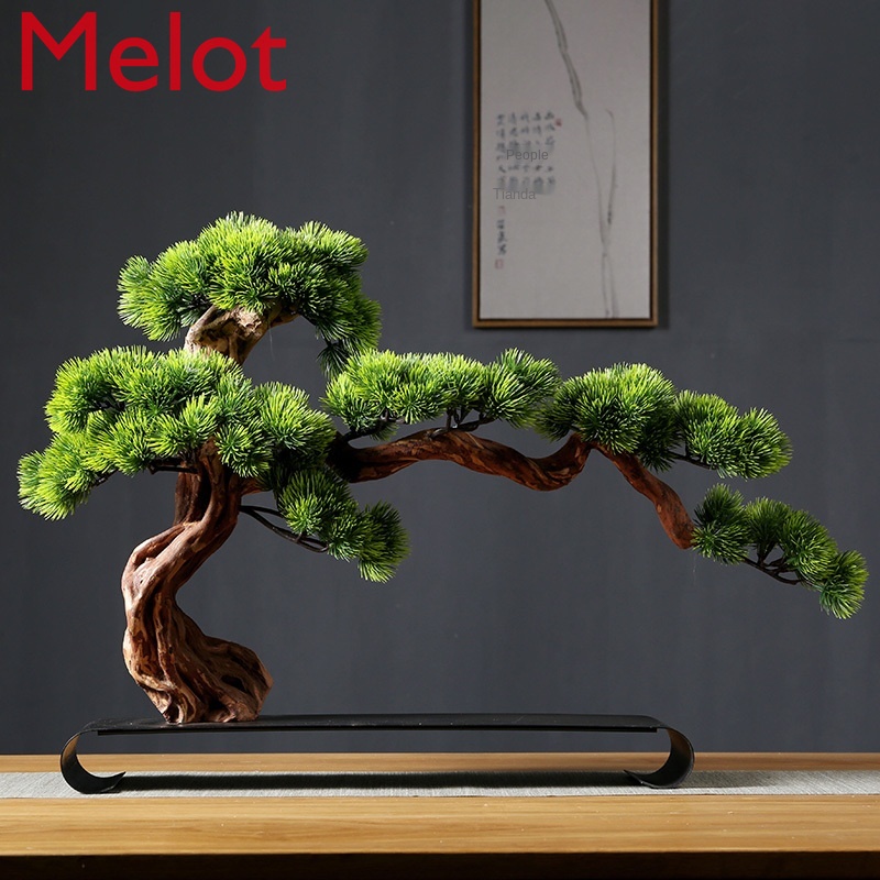 Cashier Stand Decoration Artificial Greeting Pine New Chinese Bonsai Living Room Desktop Ornaments Green Plant Solid Wood Root