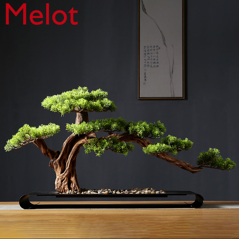 Cashier Stand Decoration Artificial Greeting Pine New Chinese Bonsai Living Room Desktop Ornaments Green Plant Solid Wood Root