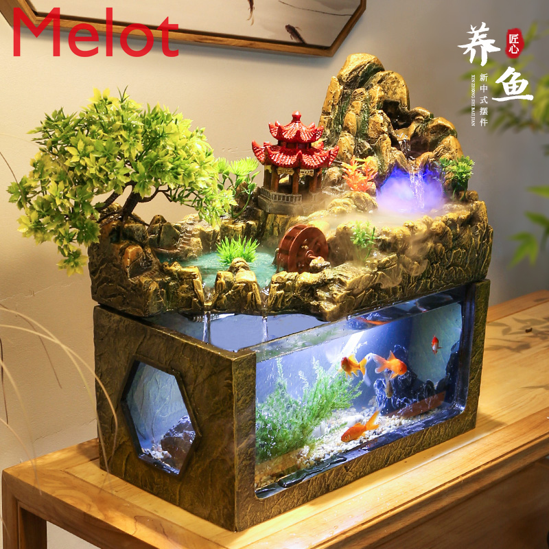Creative Desktop Fish Tank Water Flow Lucky Fountain Living Room Office Decoration Waterfall Circulating Water Small Rockery