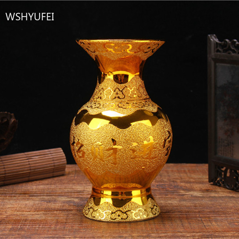 Golden Ceramic Antique Vase Home Countertop Vase Decoration Traditional Buddha Hall Worship Accessories Buddhist Supplies Crafts