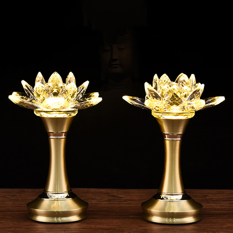 2pcs Crystal Lotus Lamp Ornaments Charge Yellow Light Lamp Buddha Hall Worship Home Decoration Buddhist Supplies for The Lamp