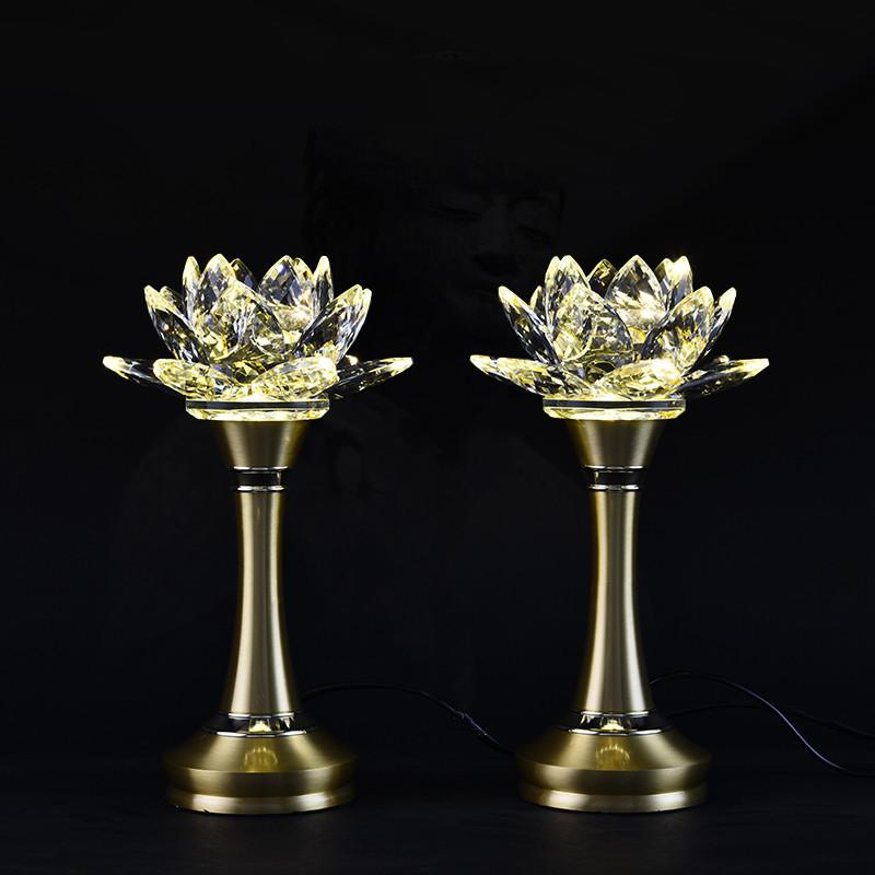 2pcs Crystal Lotus Lamp Ornaments Charge Yellow Light Lamp Buddha Hall Worship Home Decoration Buddhist Supplies for The Lamp