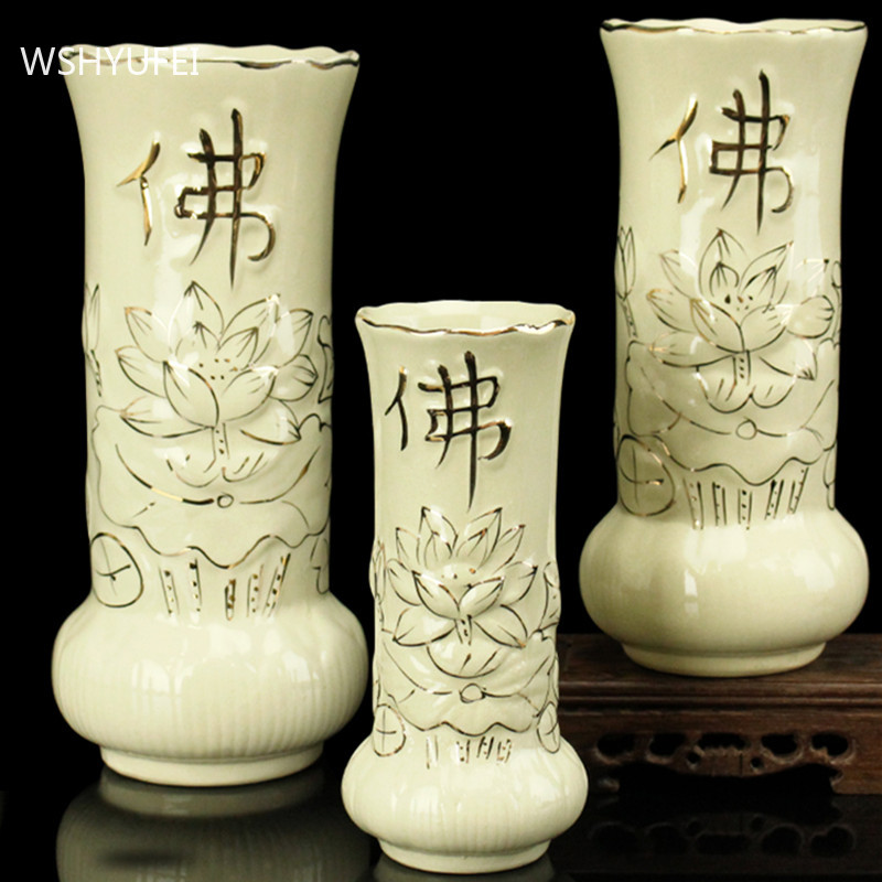 Chinese Home Ceramic Vases Ornaments Guanyin Lotus Flower Holy Water Bottle Buddha Hall Worship Vase Decoration Accessories