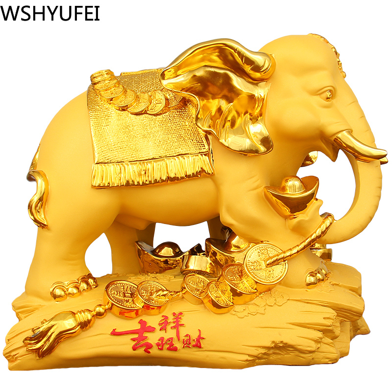 Chinese Style Golden Lucky Elephant Animal Resin Statue Home Study Office Ornaments Housewarming Christmas Gifts Decorations